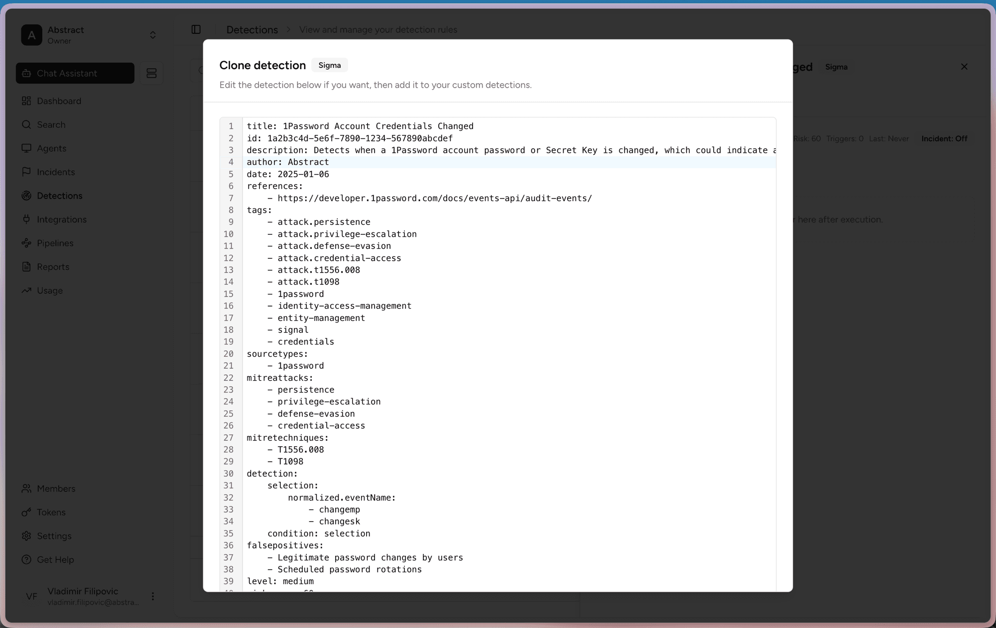 Clone detection dialog showing a Sigma rule in YAML