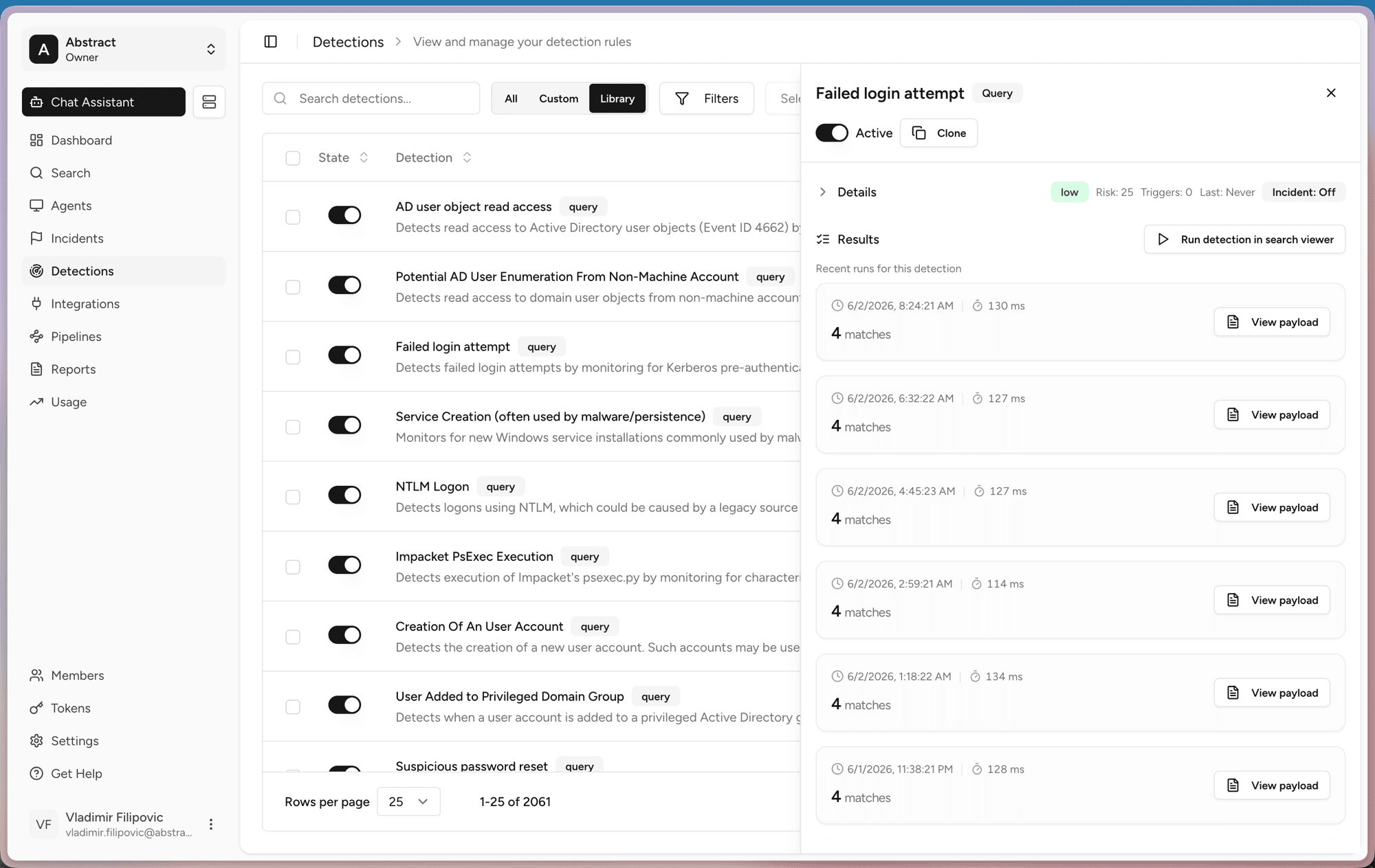 Failed login attempt detection detail with recent runs