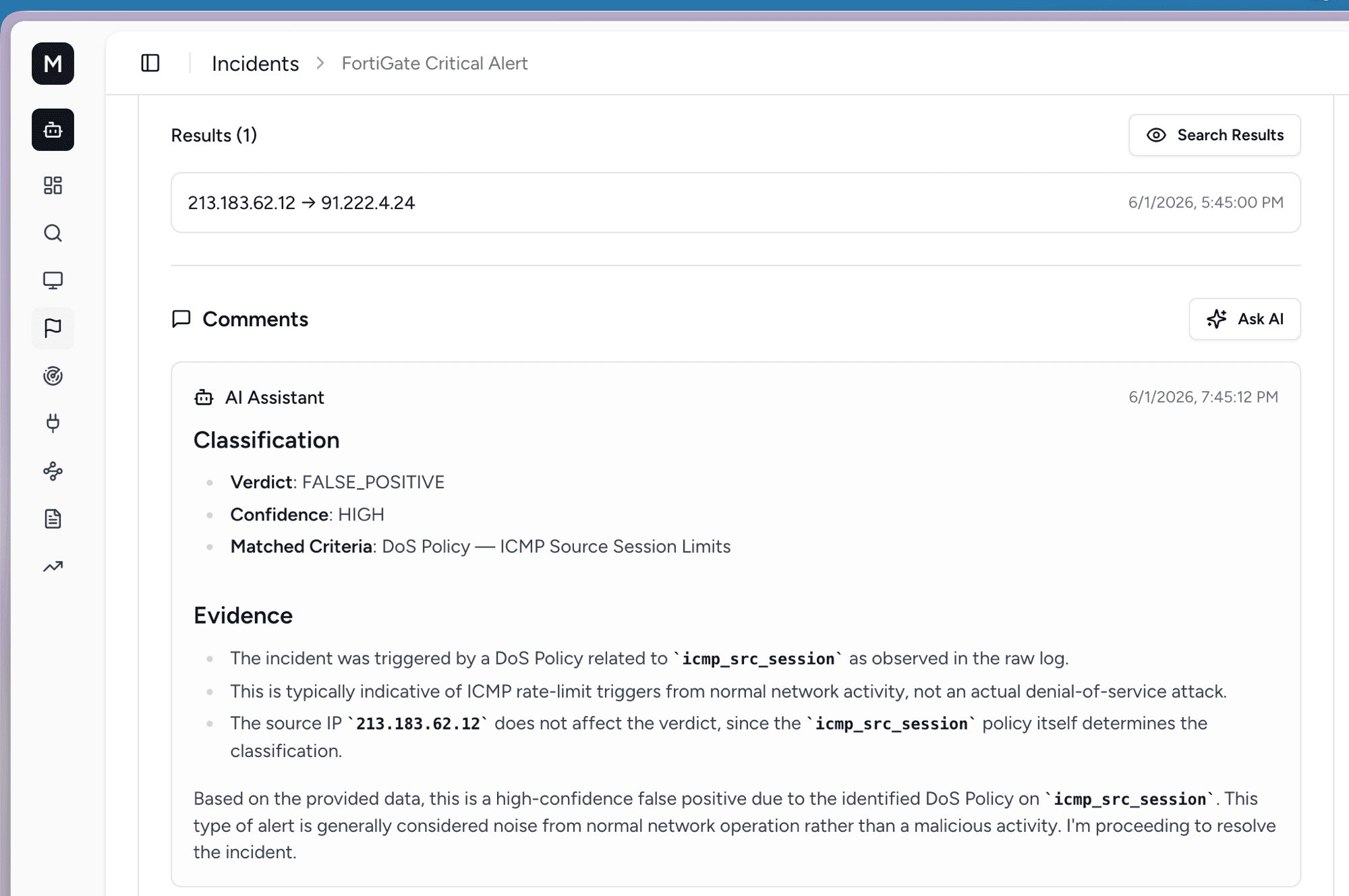 AI assistant classification marking an incident as false positive
