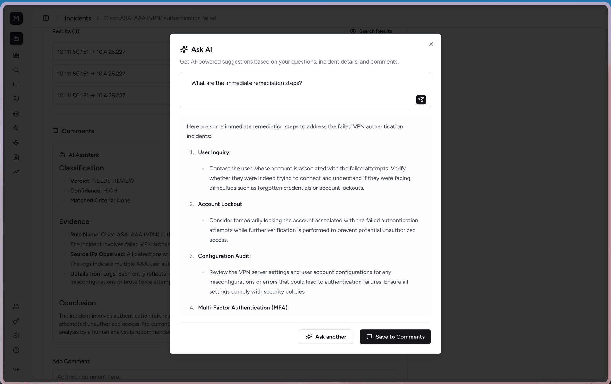 Ask AI dialog suggesting remediation steps
