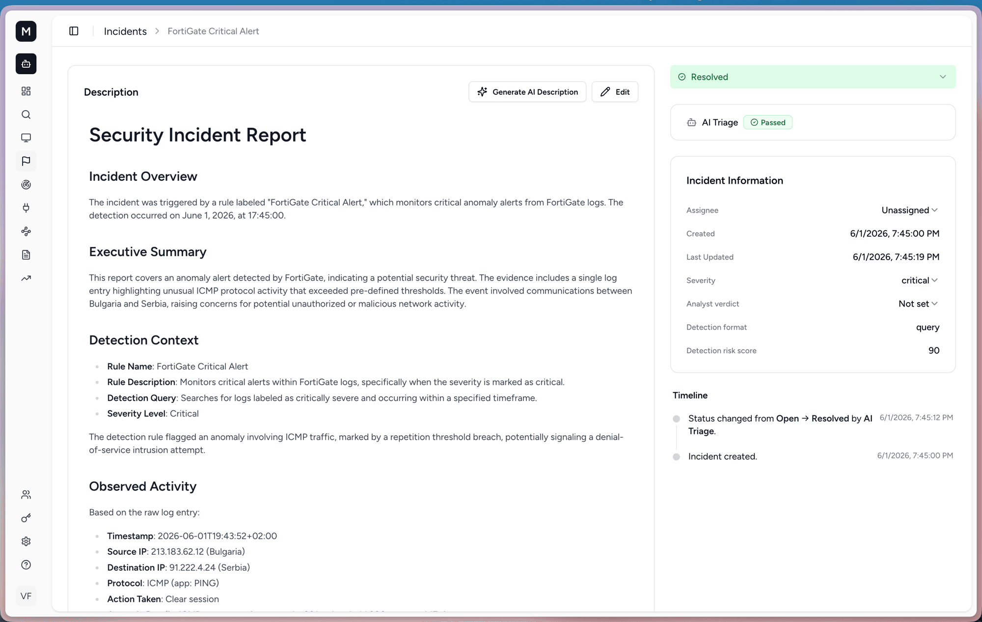 Incident detail page with a generated security report