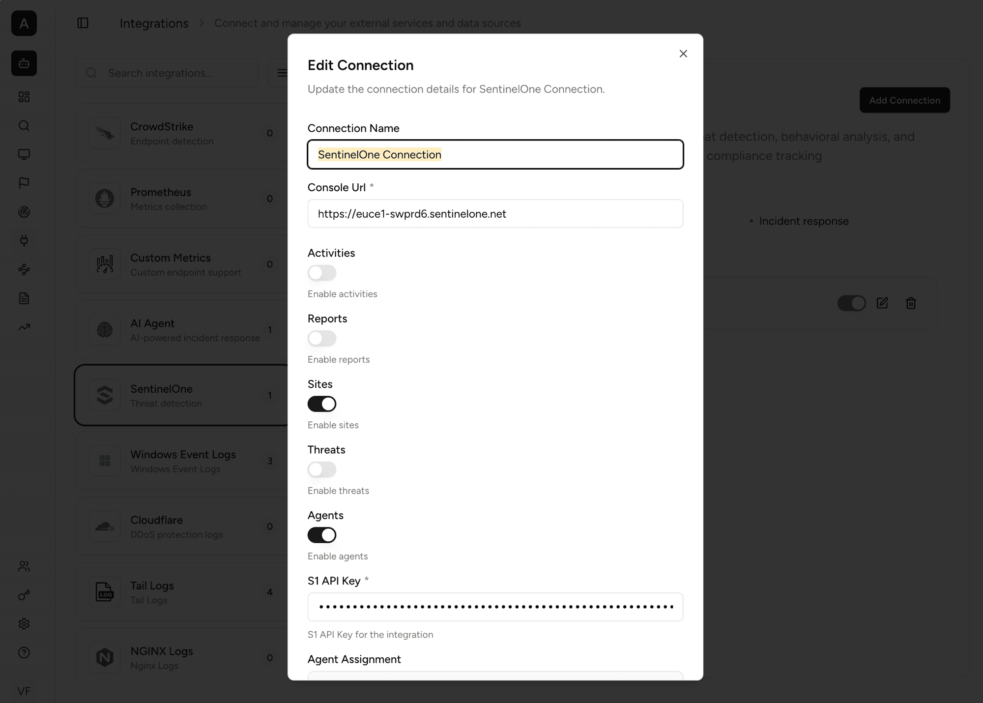 Edit connection dialog with data toggles and API key
