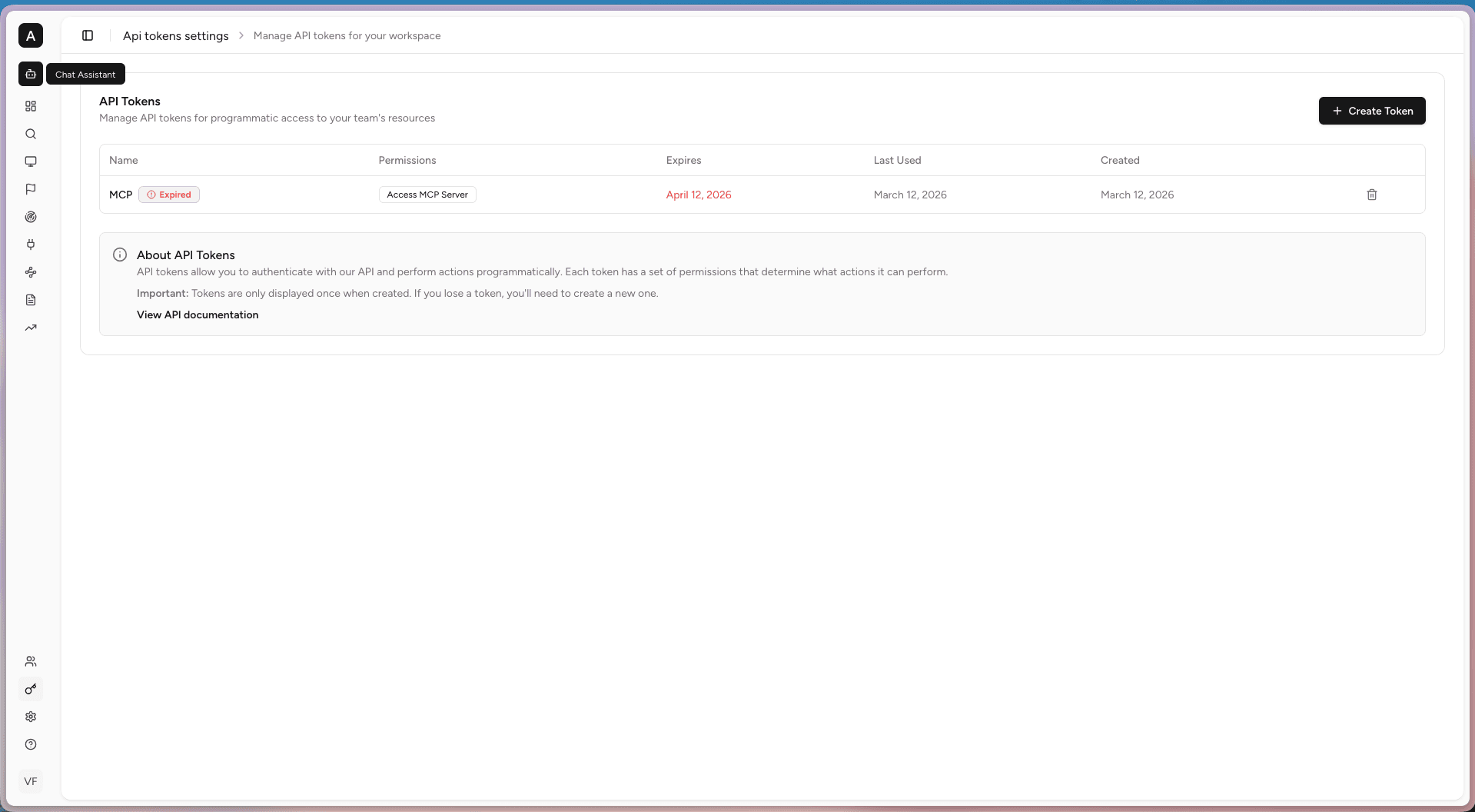 API Tokens list showing an MCP token with Access MCP Server permission