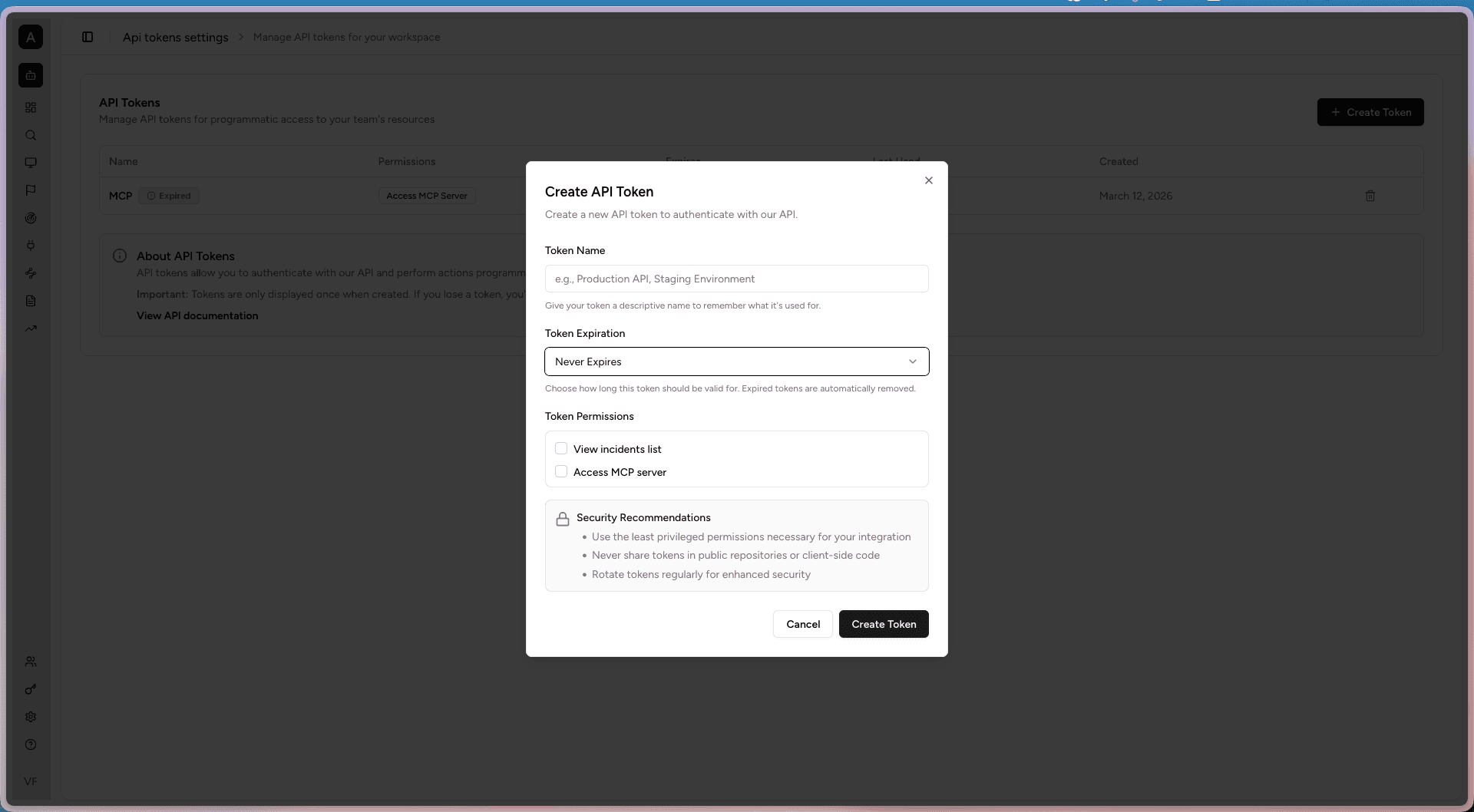 Create API Token dialog with token name, expiration, and permissions