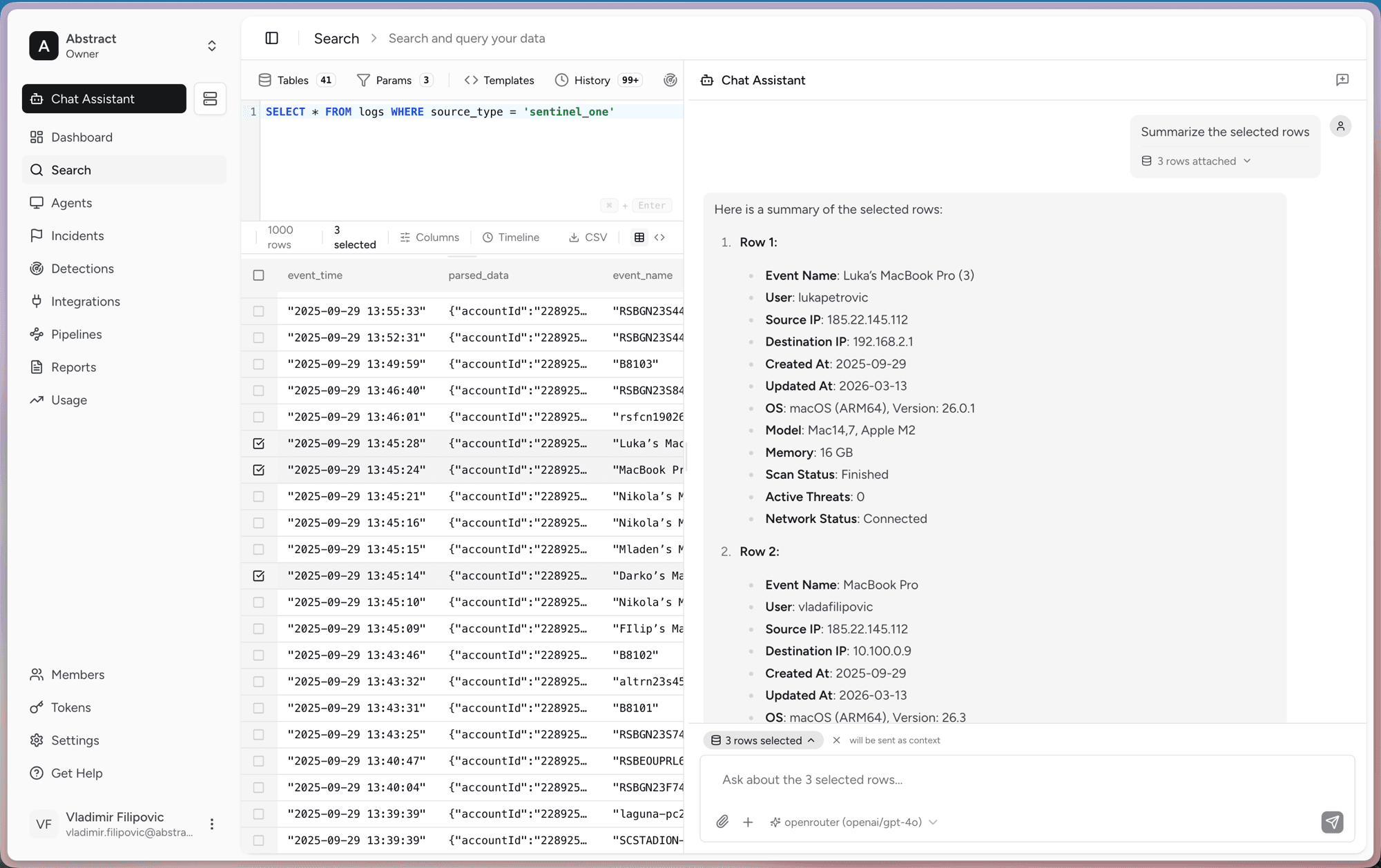 Chat Assistant summarizing selected rows