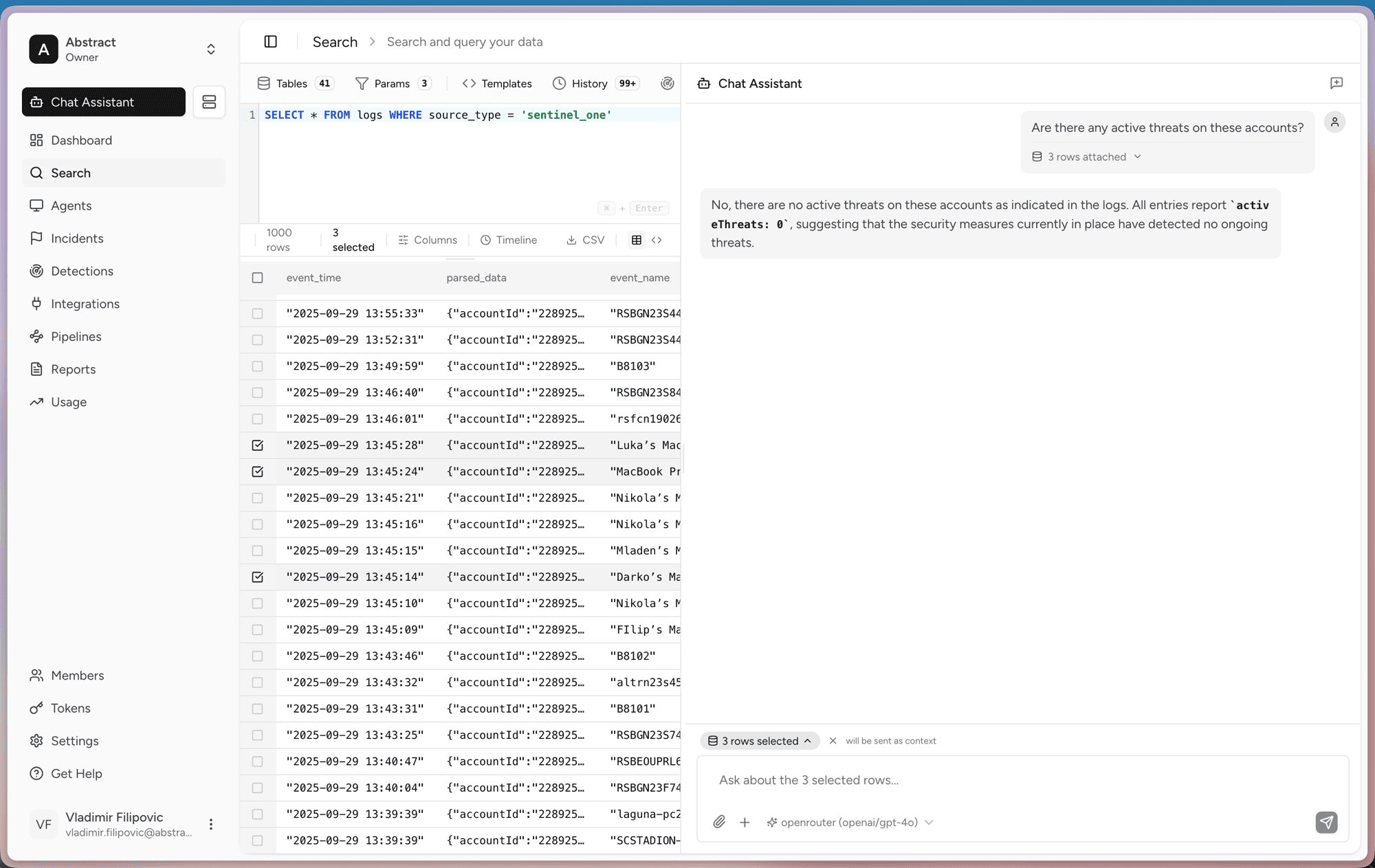 Chat Assistant answering a question about active threats