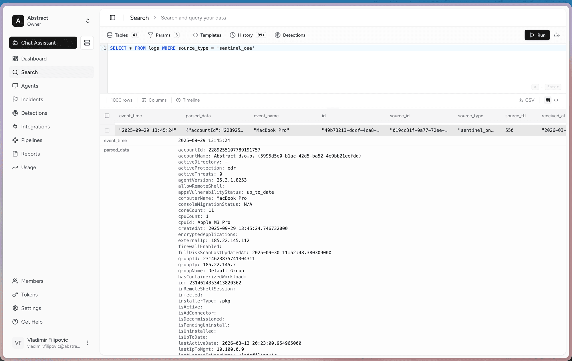 Expanded log row showing parsed event fields