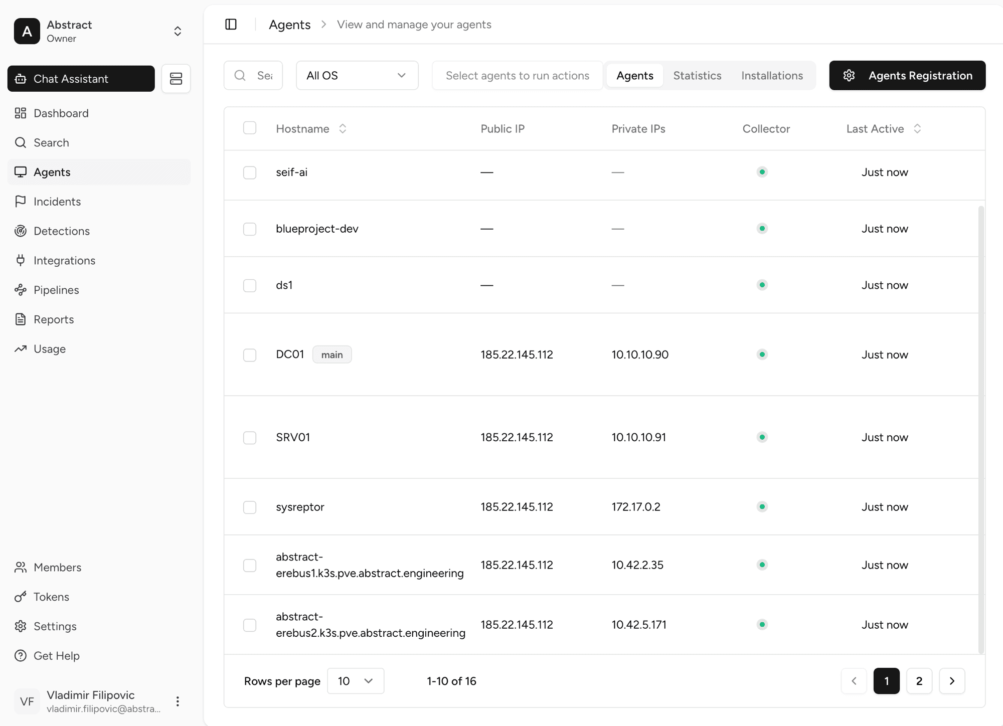 Agents list showing hostnames, IPs, and collector status