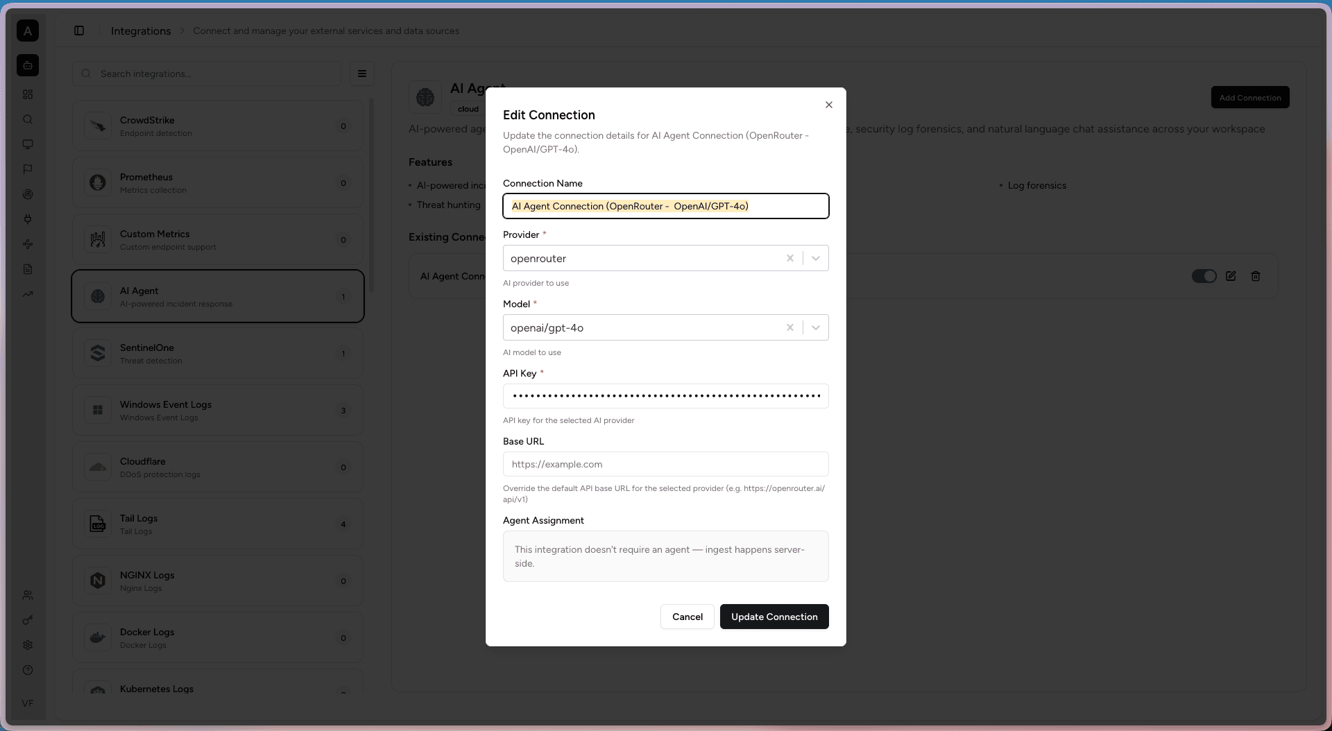 Edit Connection dialog with provider, model, and API key fields