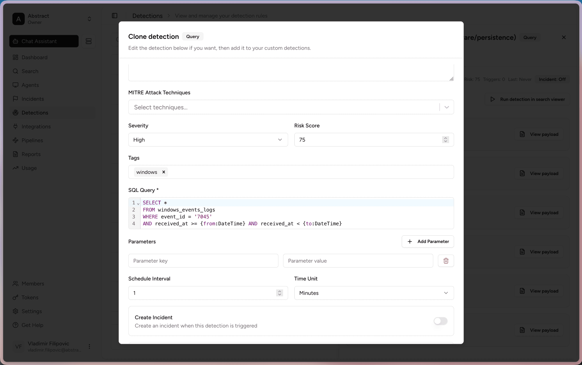 Clone detection dialog for a query detection