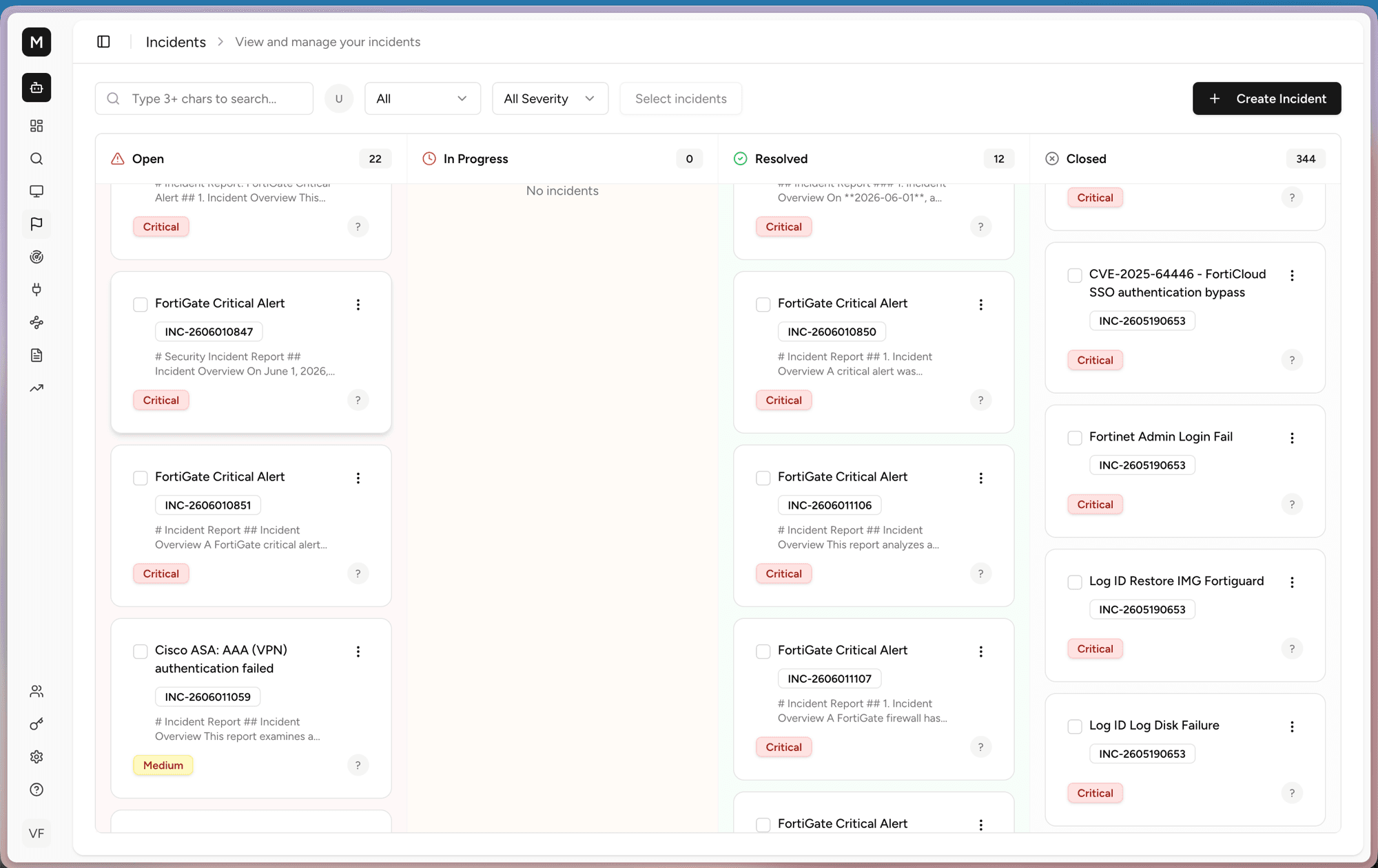 Incidents board with status columns