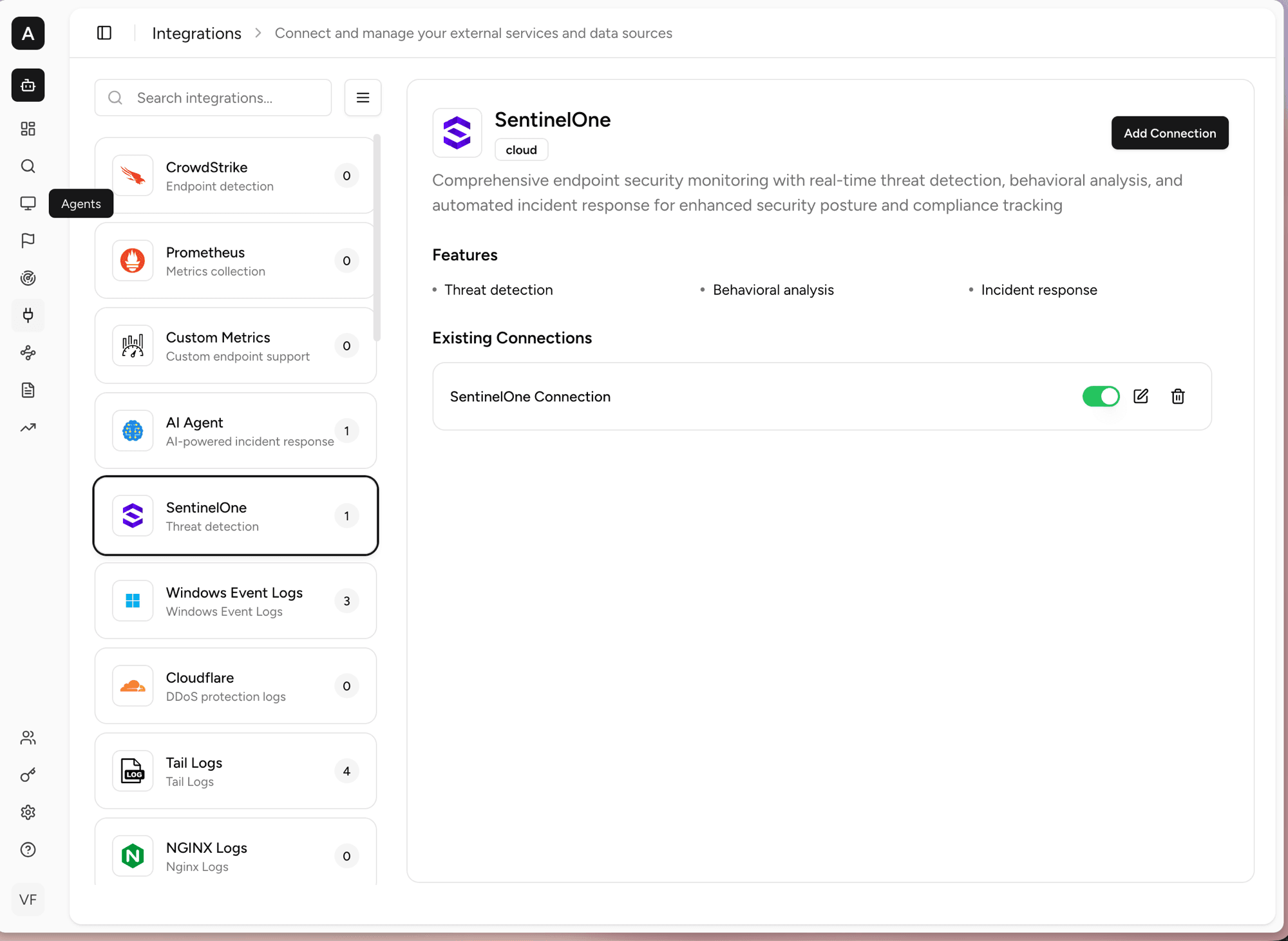 Integrations page with SentinelOne selected