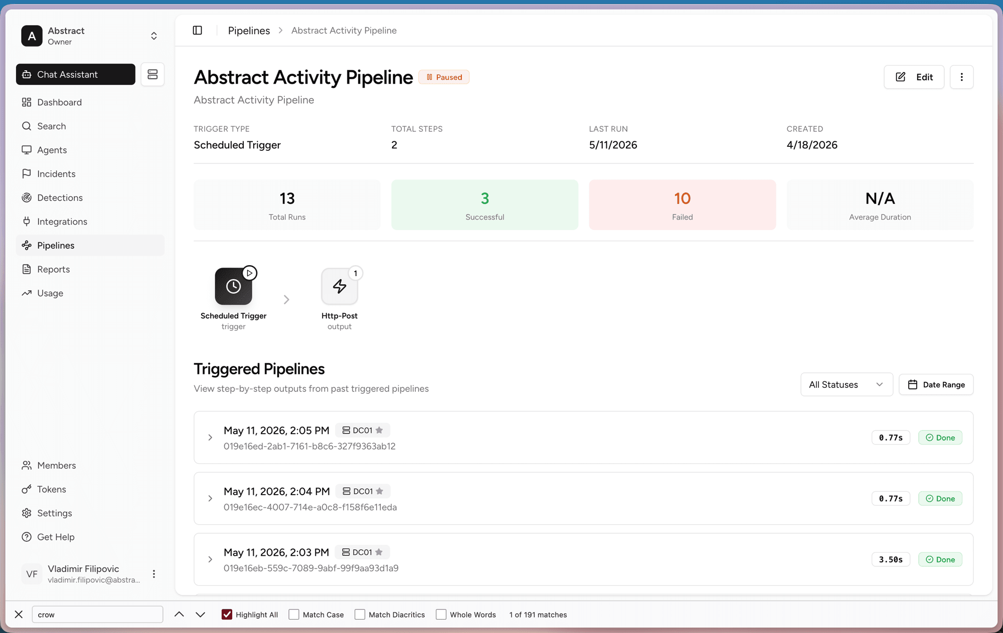 Pipeline detail with trigger and run history