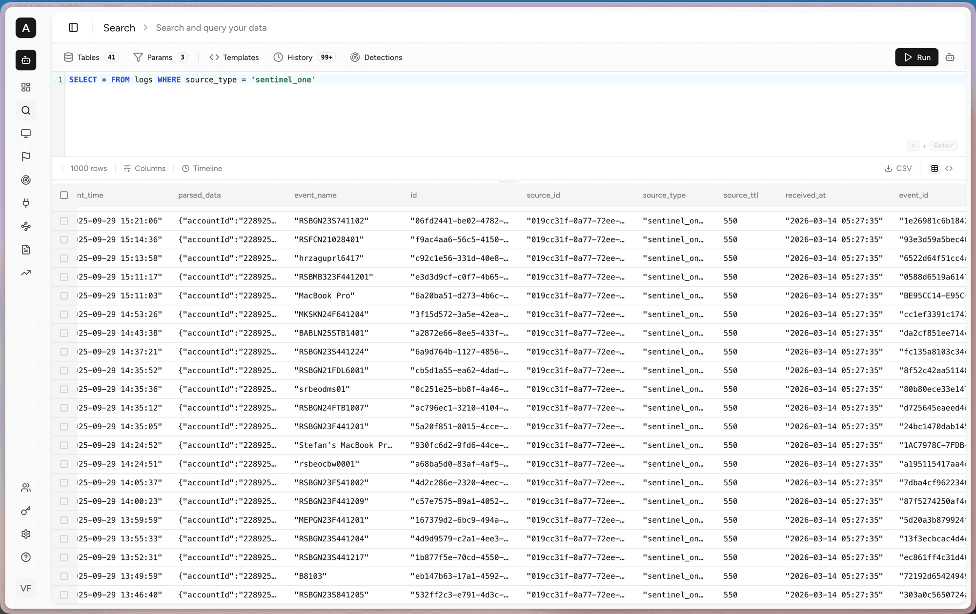Search page running a SQL query against logs